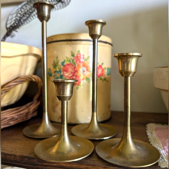Vintage Other - Mid-Century Modern Brass Tulip Graduated Candlestick Holders Vintage Set of 4